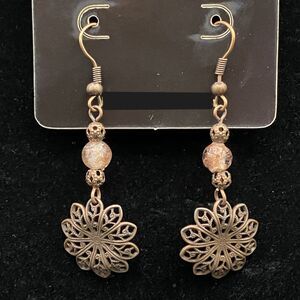 Antique Copper Cutout Flower Motif & Glass Bead Earrings by Neanie-Bot